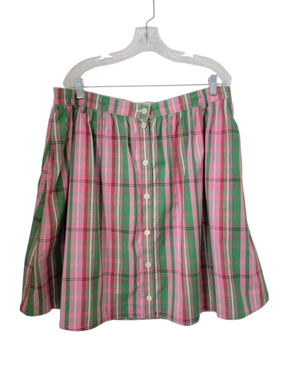 J. Crew Size 16 Pink & Green Vintage Plaid Button Front Midi Skirt